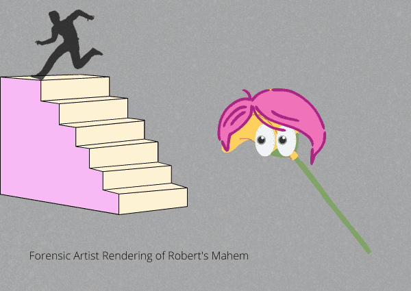 cartoon mop with pink wig chasing person upstairs