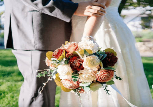 wedding bouquet of colorful wood flowers